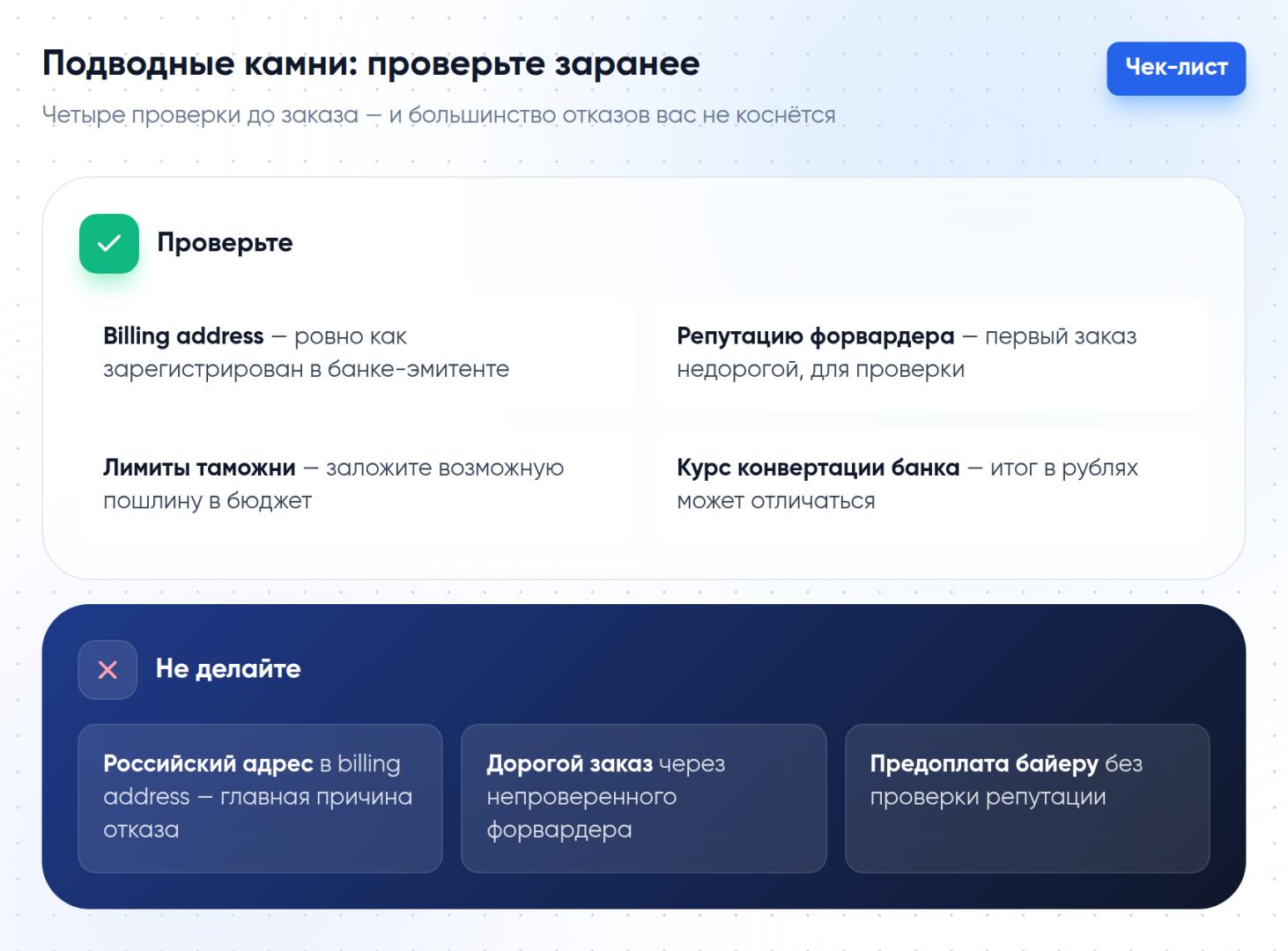 Чек-лист покупателя Amazon: что проверить заранее — billing address, форвардер, таможенные лимиты, курс конвертации — и чего не делать