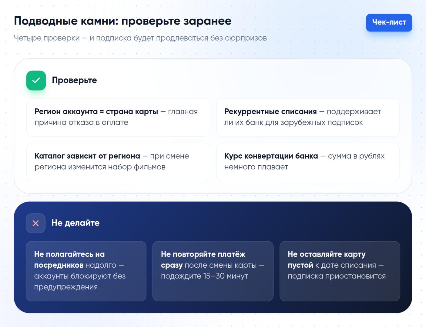 Чек-лист подписчика Netflix: что проверить заранее — регион аккаунта, рекуррентные списания, каталог, курс конвертации — и чего не делать