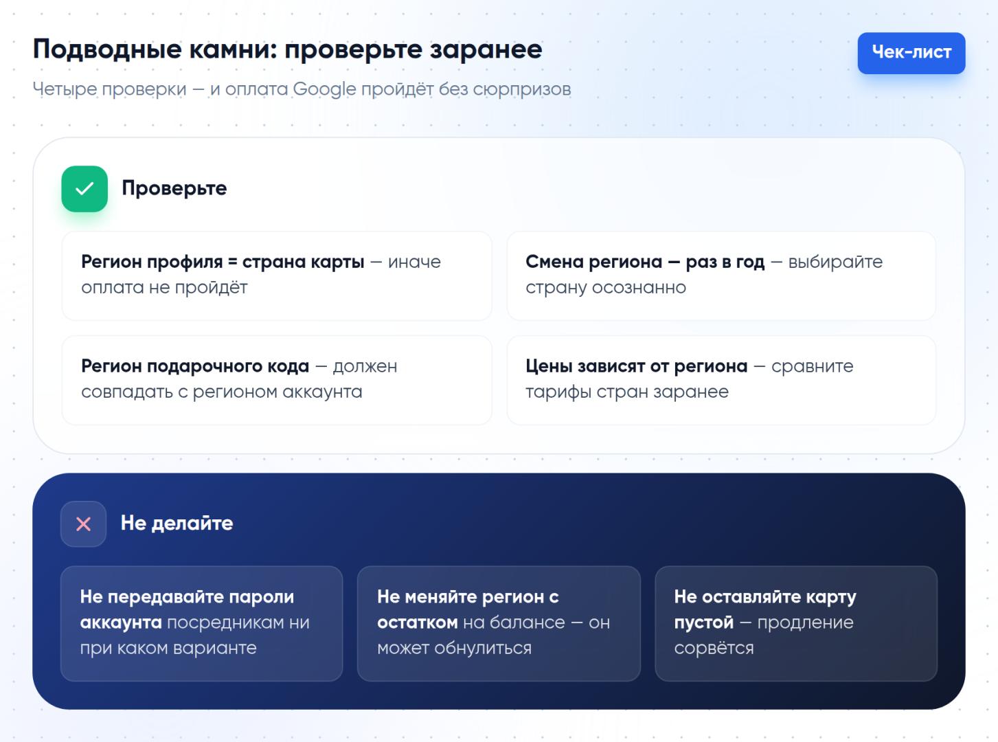 Чек-лист перед сменой региона Google: что проверить заранее и чего не делать, чтобы не потерять доступ к подпискам