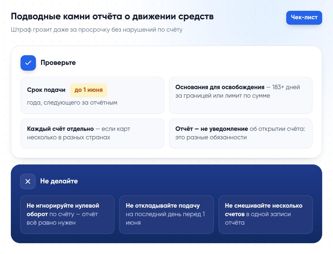 Чек-лист перед подачей отчёта о движении средств по зарубежному счёту: срок до 1 июня, основания для освобождения, штрафы за просрочку