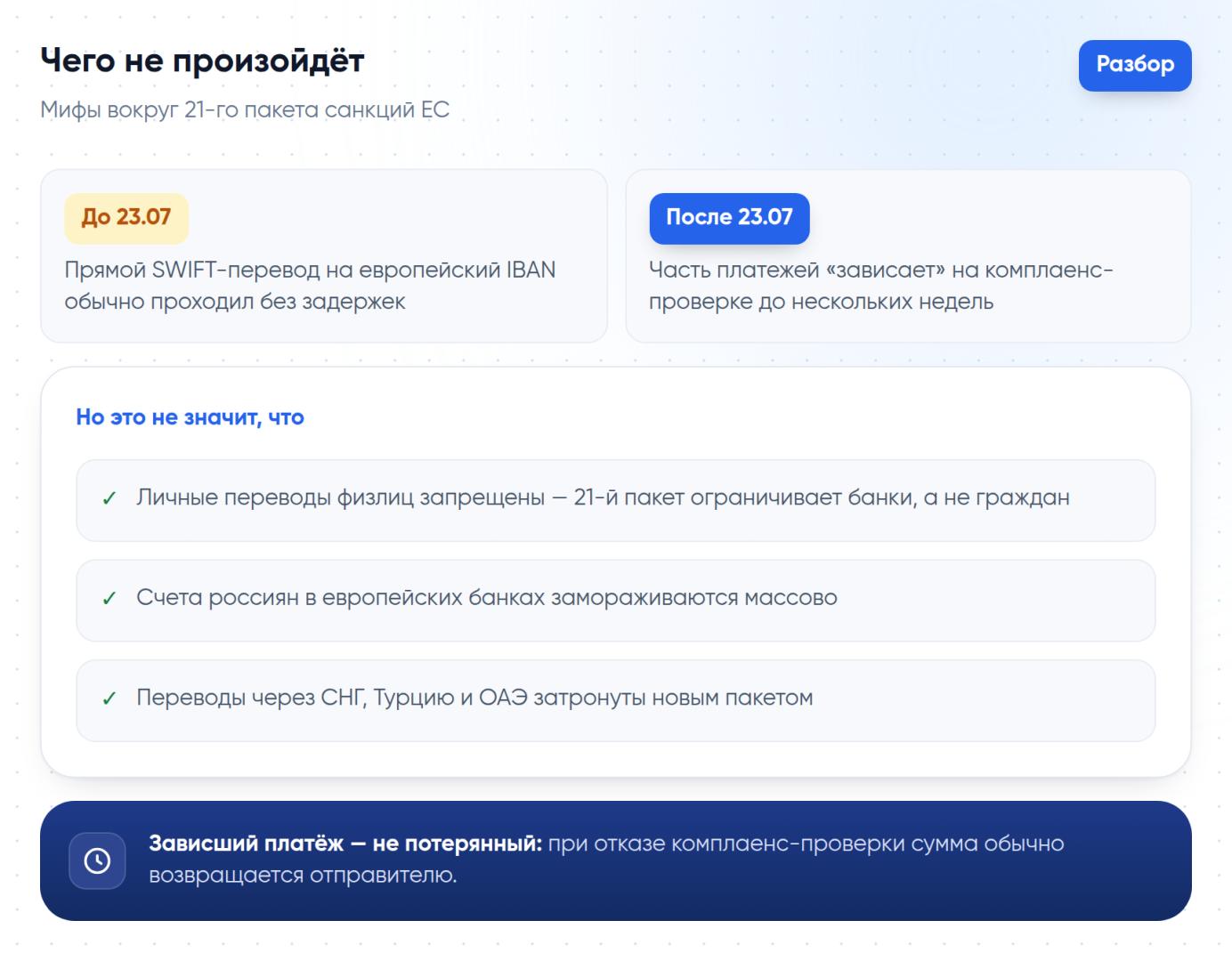 Что изменилось после 23 июля 2026 и что из панических слухов вокруг санкций не соответствует действительности