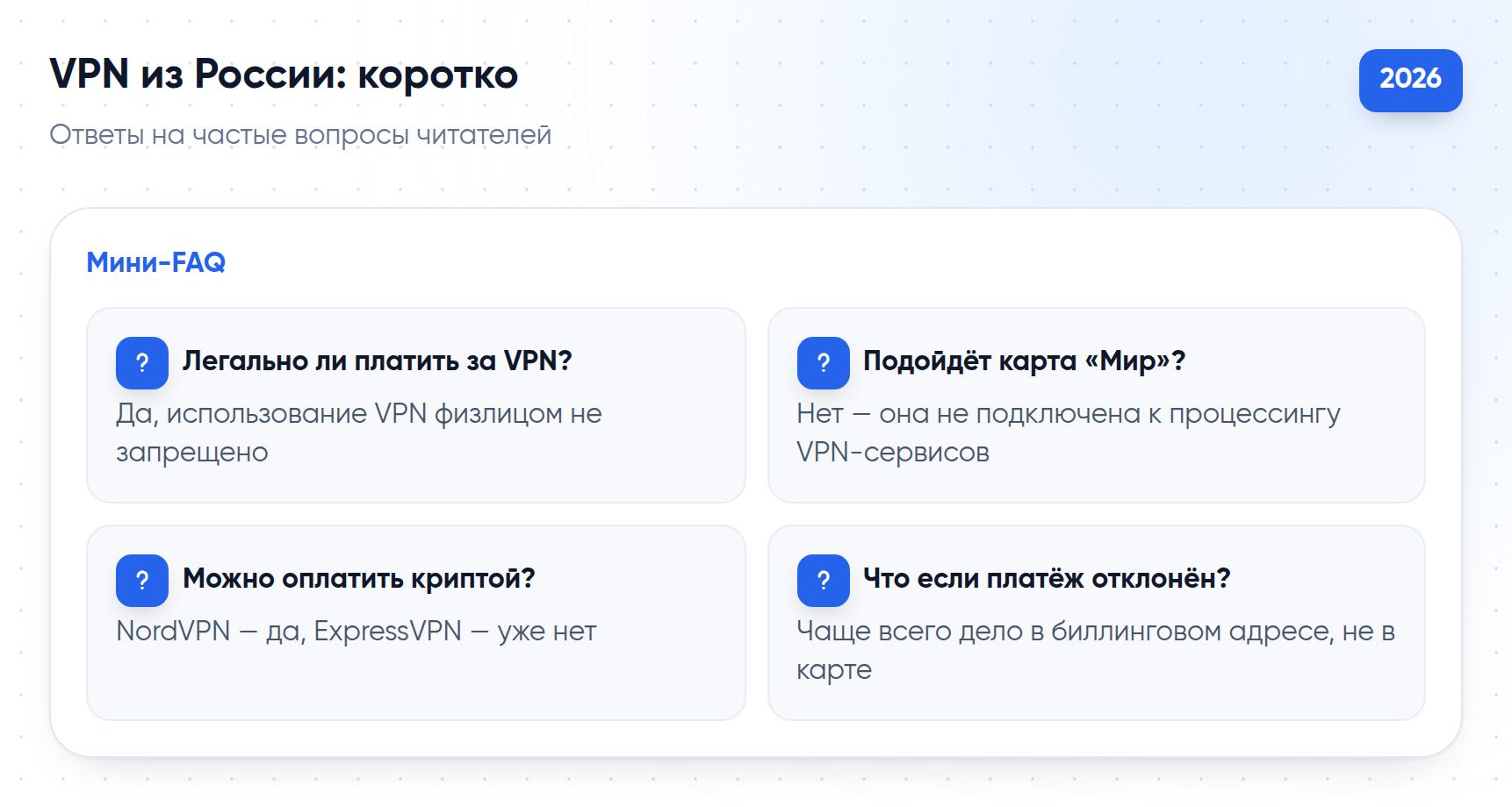 Короткие ответы на частые вопросы об оплате VPN из России