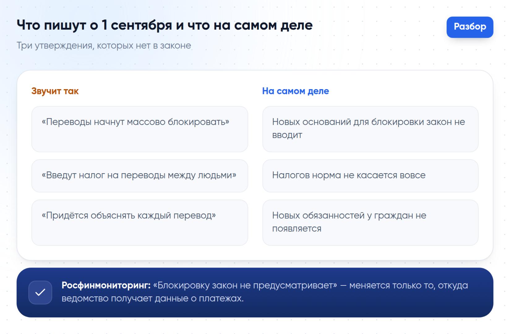 Три утверждения о 1 сентября 2026 года, которых нет в законе: массовых блокировок, налога на переводы между людьми и обязанности объяснять каждый перевод норма не вводит.