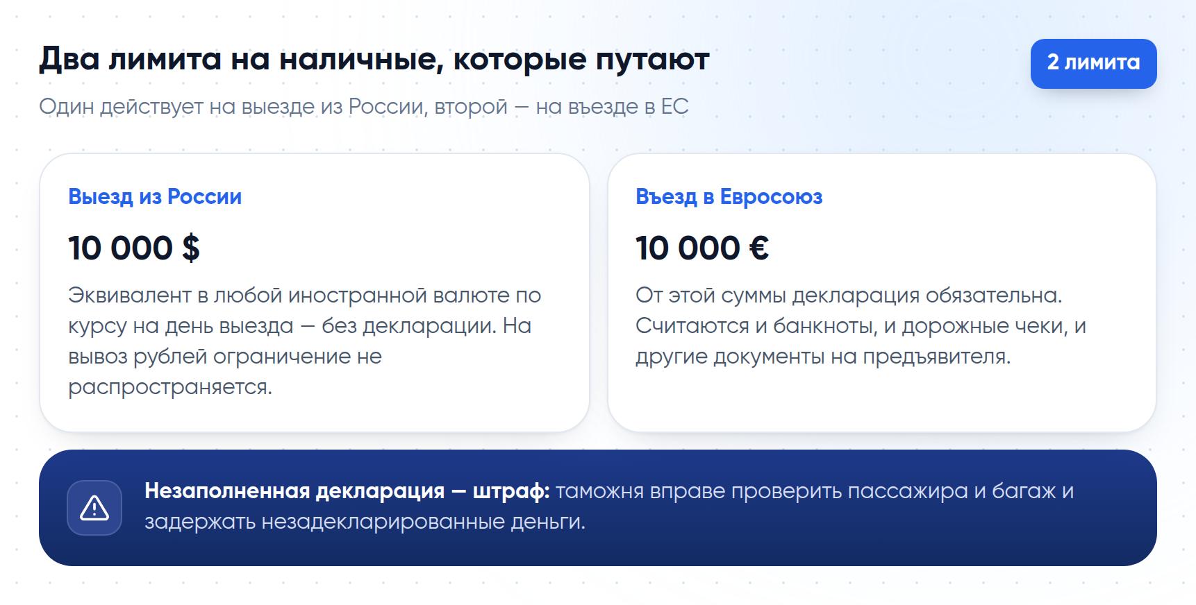 Два лимита на наличные: эквивалент 10 000 долларов без декларации на выезде из России и обязательная декларация от 10 000 евро на въезде в Евросоюз.
