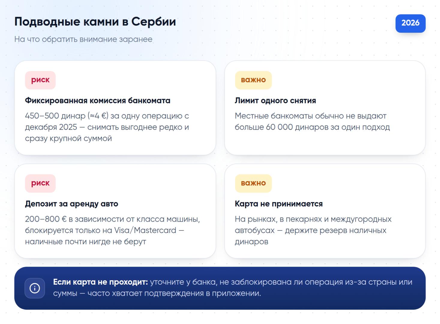 Подводные камни оплаты картой в Сербии: фиксированная комиссия банкомата, лимит снятия и депозит за аренду авто